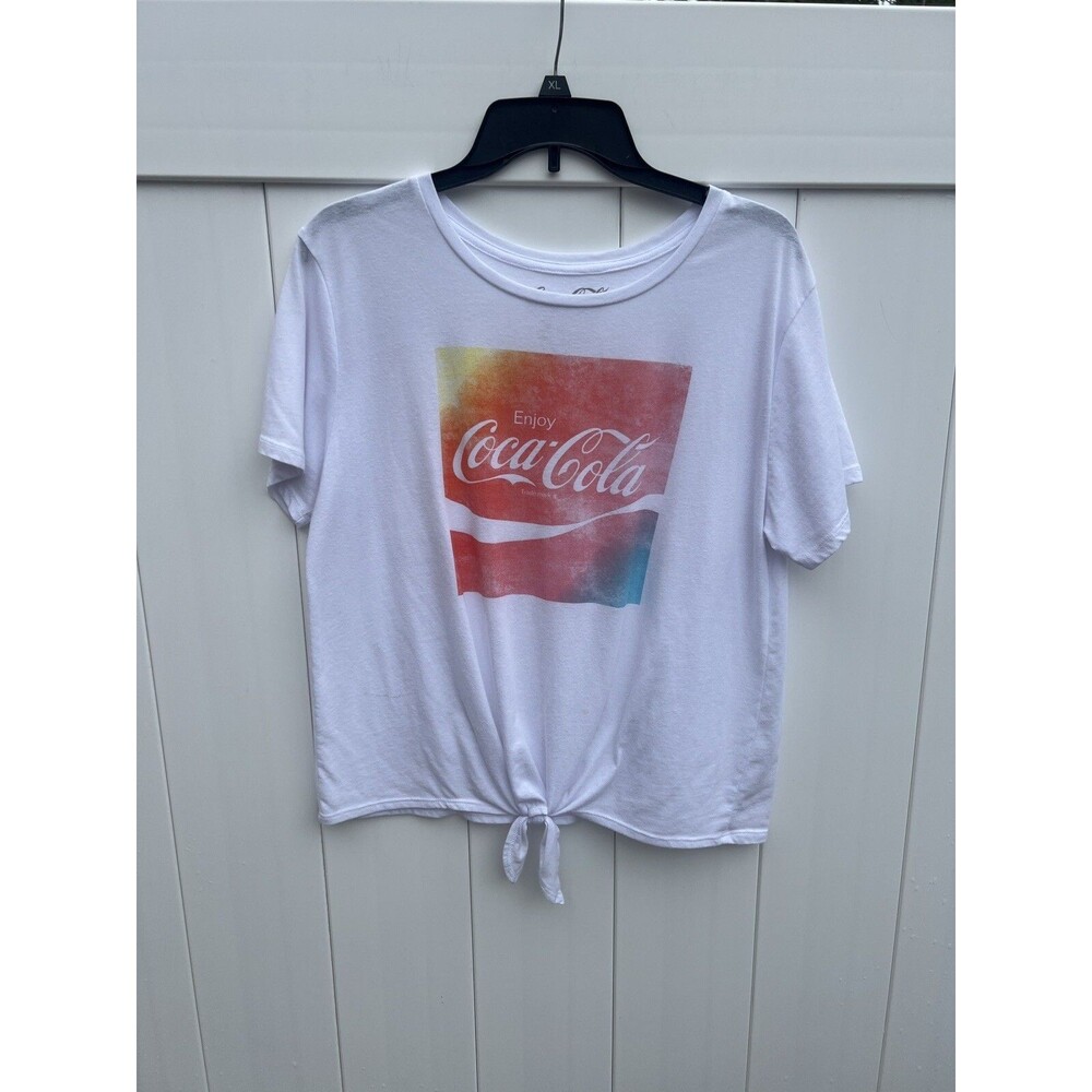 Coca Cola Womens XL Boxy Tee Short Sleeve Tie Knot Front White